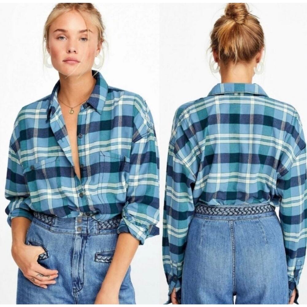 Free People Loveland Plaid Cotton Blend button Up Top Size Large Blue
